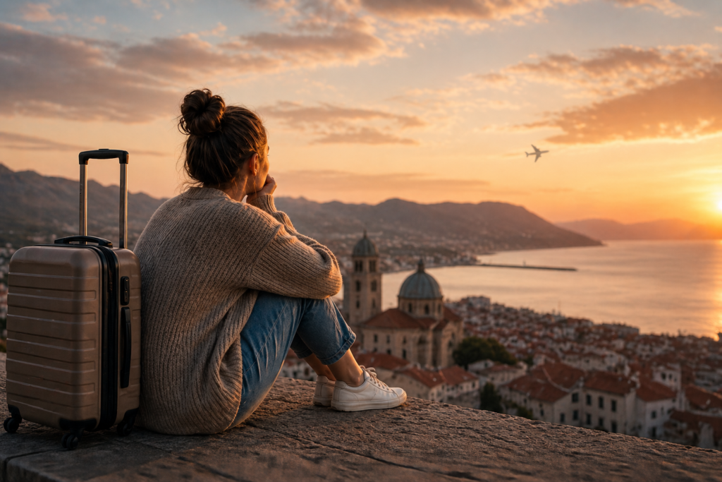 Person sitting with suitcase overlooking coastal city at sunset, reflecting on homesickness after moving abroad
