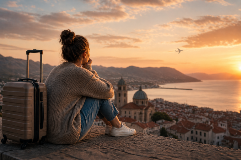 Person sitting with suitcase overlooking coastal city at sunset, reflecting on homesickness after moving abroad